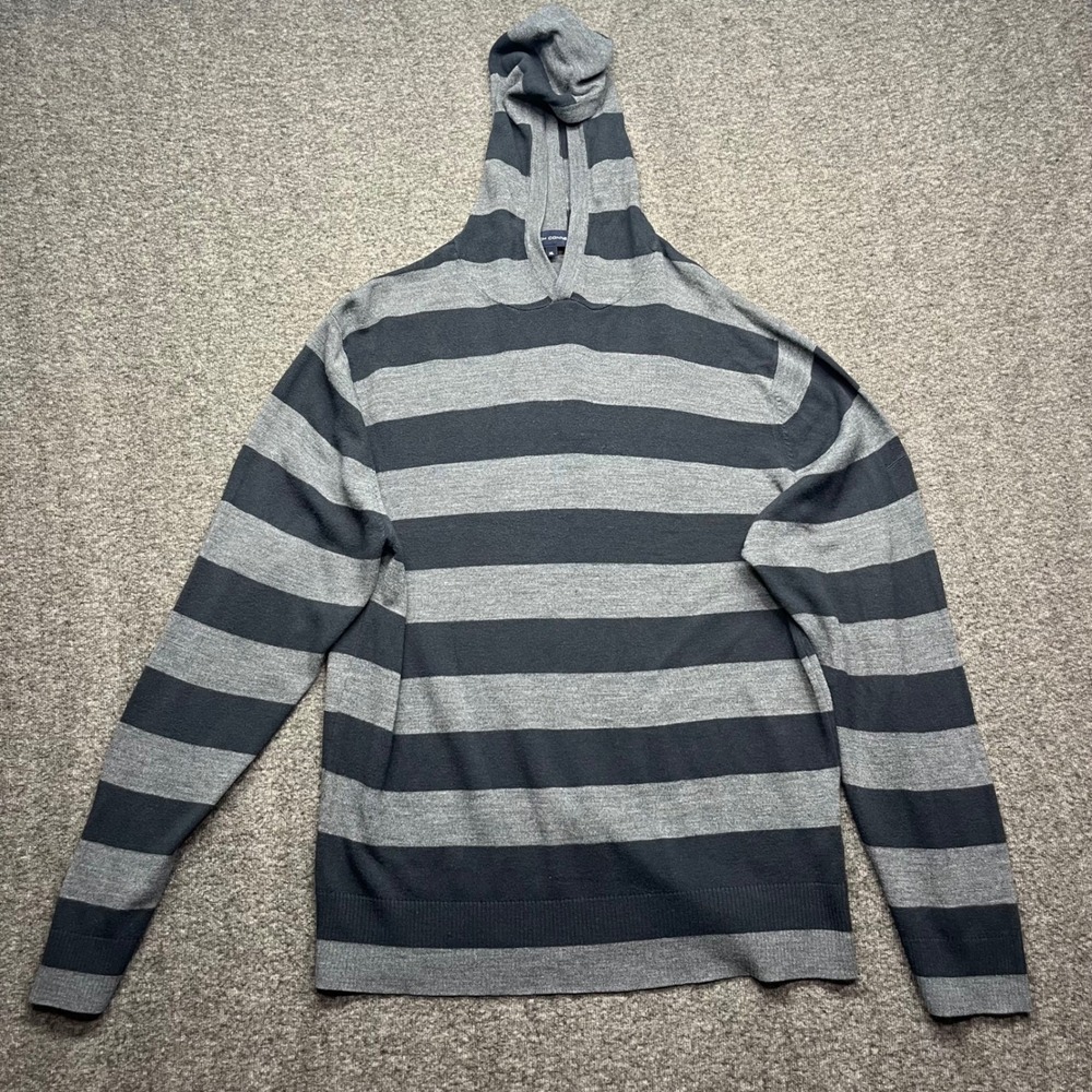 French Connection Hoodie Mens XL Grey Black Striped Knit Pullover Sweater